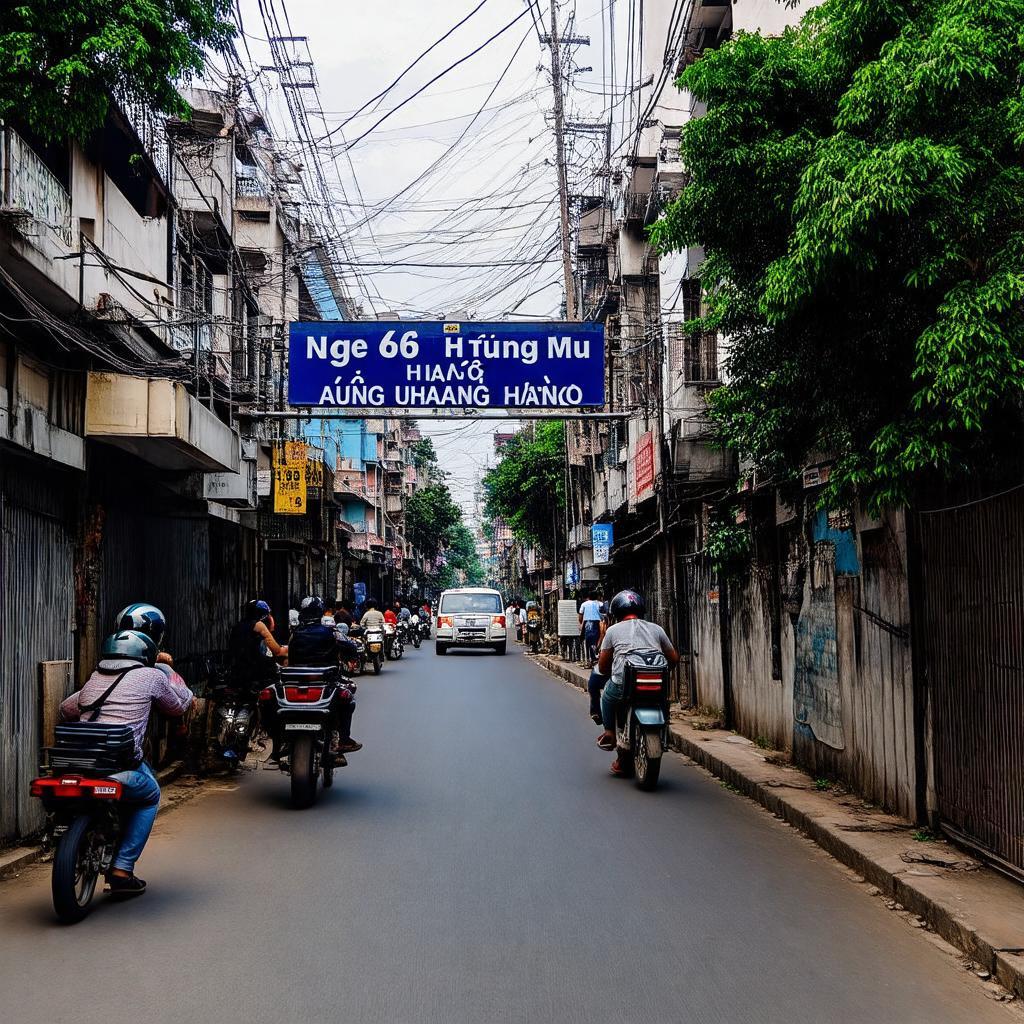 Lối vào Ngõ 66 Hồ Tùng Mậu, Cầu Diễn, Hà Nội, với biển số nhà và xe cộ trên đường chính.